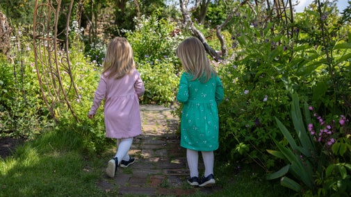 Back view of two small children, one in a pink dress, one in a green dress, walk side by side on a garden path between tall sunlit plants and flowers